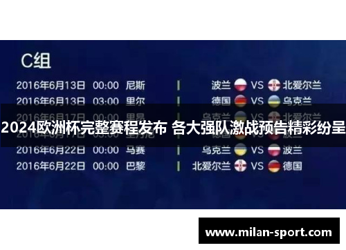 2024欧洲杯完整赛程发布 各大强队激战预告精彩纷呈